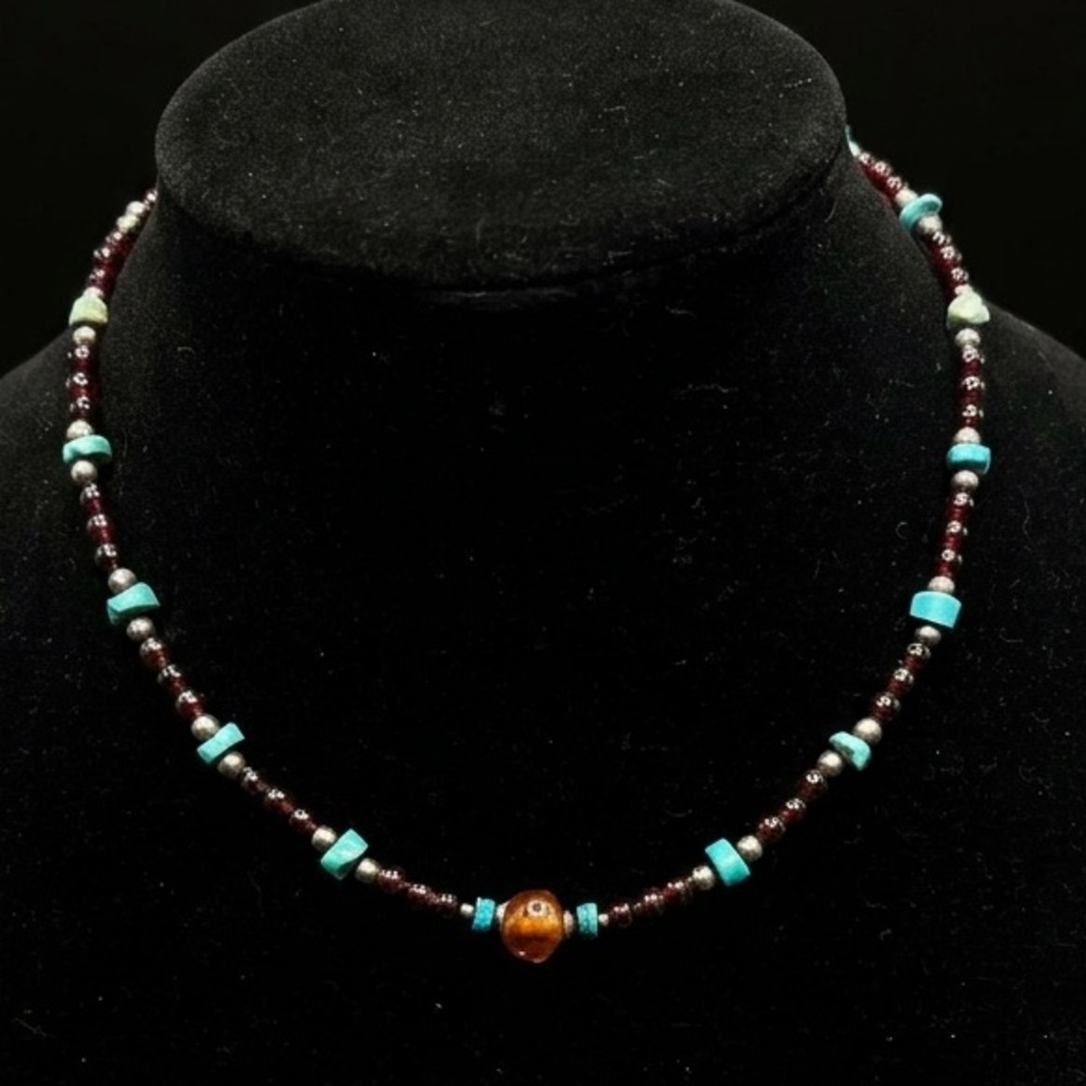 Sterling Silver 925 Beaded Necklace | Natural Red Garnet, Turquoise & Amber